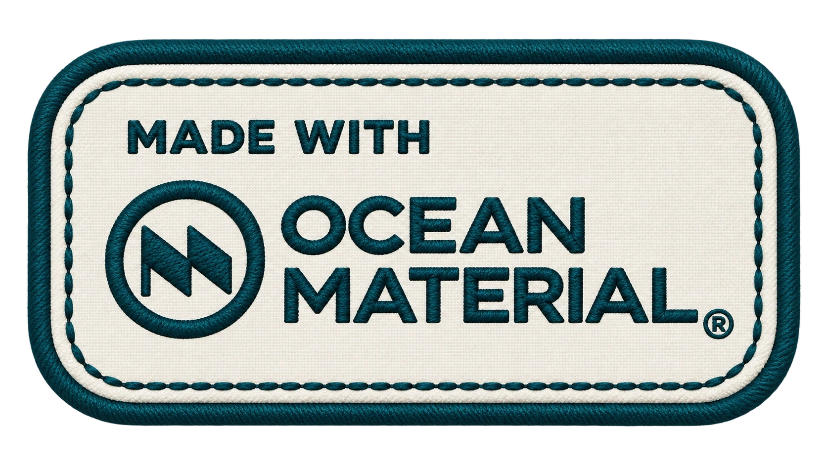 Cream embroidered patch with a deep teal border and Made with Ocean Material lettering